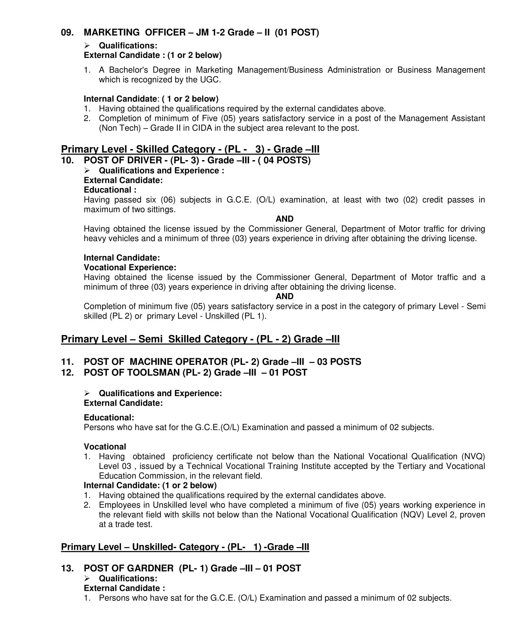 Director, Assistant Director, System Analyst, Engineering Assistant, Technical Cum Maintenance Officer, Training Officer, Marketing Officer, Driver, Machine Operator, Tools Man, Gardner - Construction Industry Development Authority 